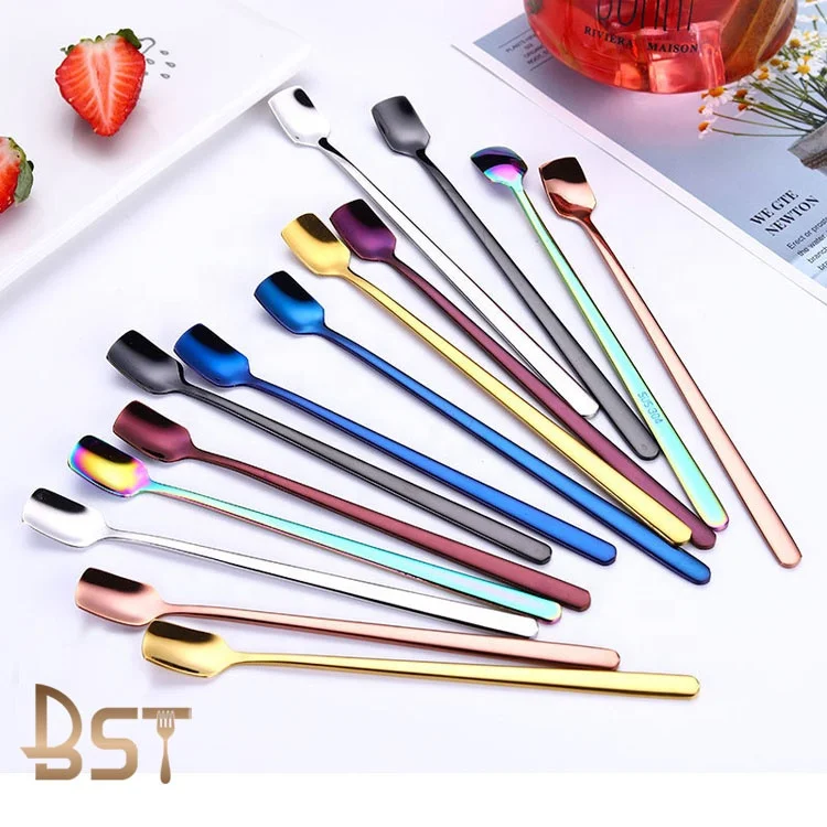 

wholesale Long Handle Stainless Steel Mixing Spoon 304 Stainless Steel Cocktail Stirring Spoons, Black,gold,blue,rose gold,rainbow,silver,purple