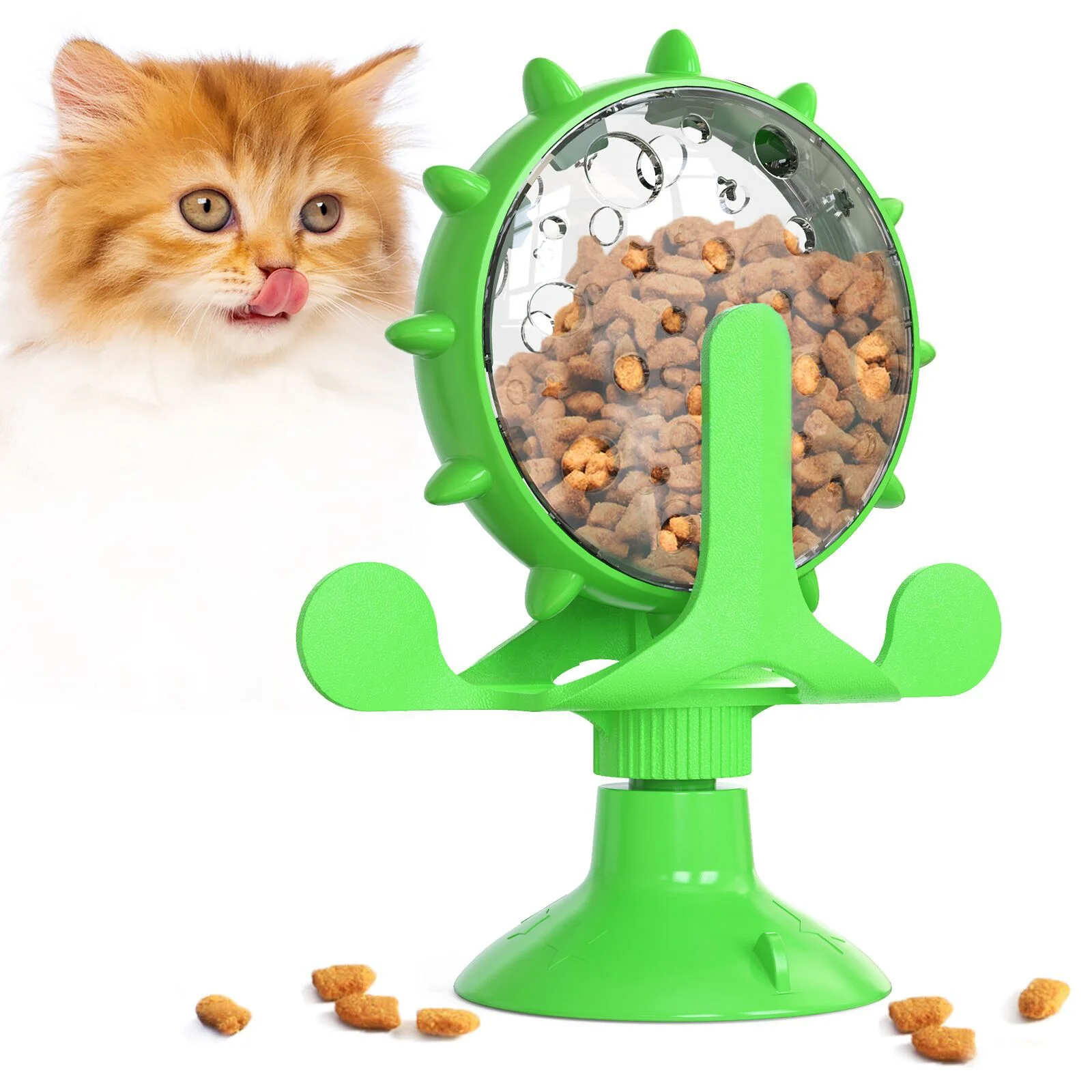 

Wholesale High Quality 2021 Creative Interactive Pet Cat Toy Turntable Windmill Powerful Sucker Pet Cat Toy cat Auto Feeder, Green yellow lake blue