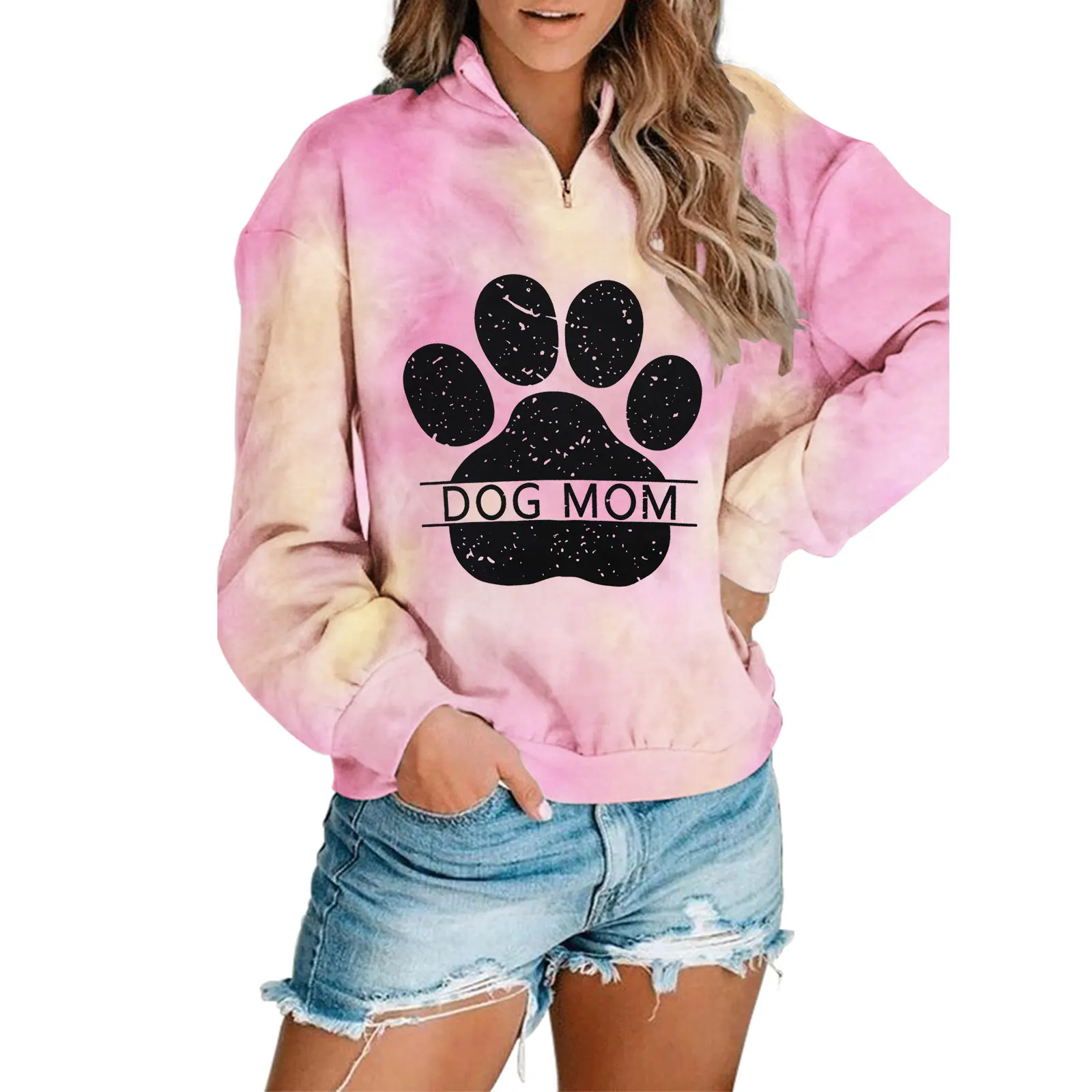 

Fashion Stand Collar Zipper Pullover Tie Dyed Dog Mom Paw Print Hoodie