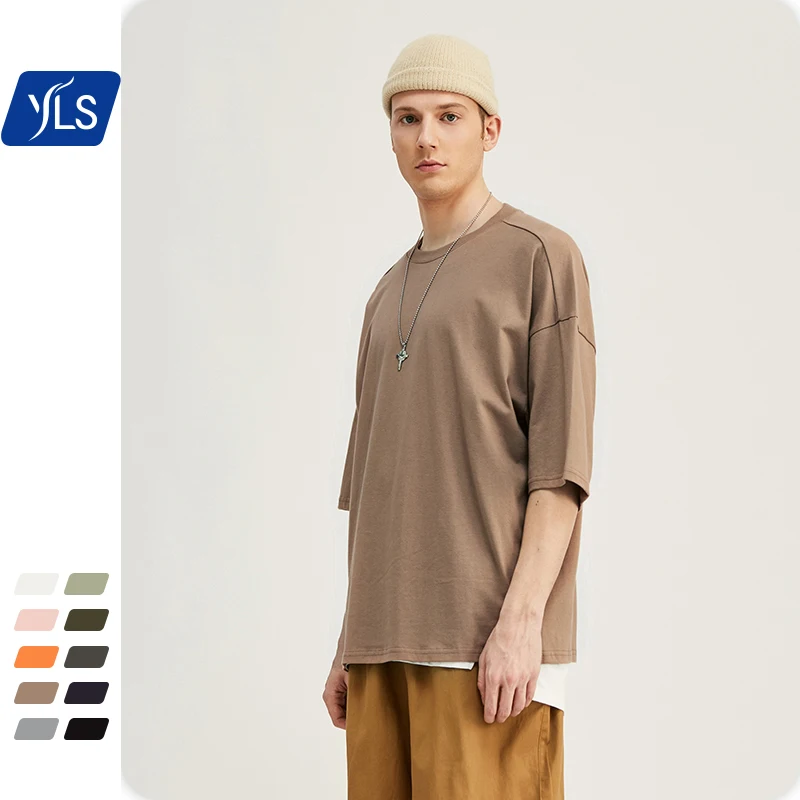 

YLS Summer Casual Solid Elbow Length split t-shirts Crew Neck 190gsm Cotton Oversized drop shoulder Fashion Hip Hop T Shirts