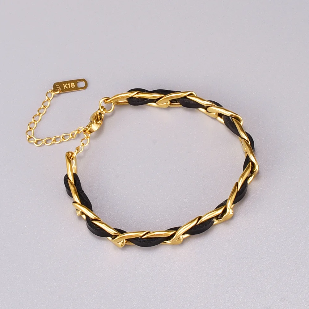 

Hiphop Genuine Leather Braided Curb Wrist Chain Bracelet 18K Gold Plated Stainless Steel Cuban Link Leather Bracelets