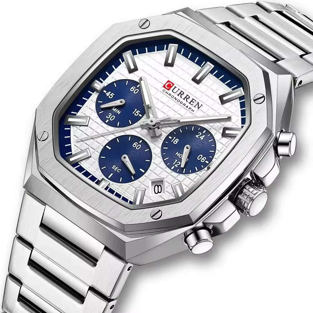 CURREN 8459 New Watches for Men Business Square Dial Calendar Waterproof Luminous Chronograph Steel Band Mens Watch