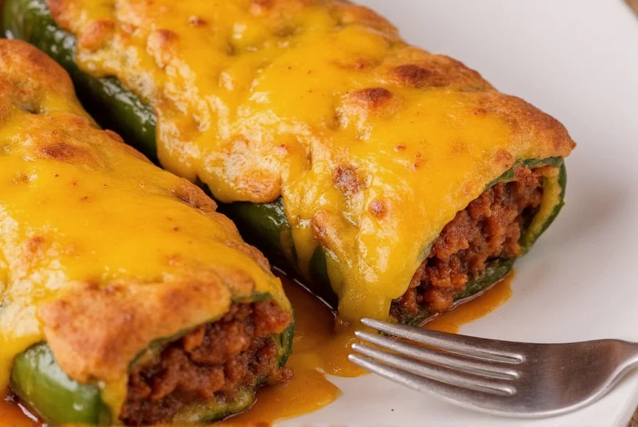 Perfectly cooked chili relleno with golden batter and melted cheese oozing from roasted poblano pepper