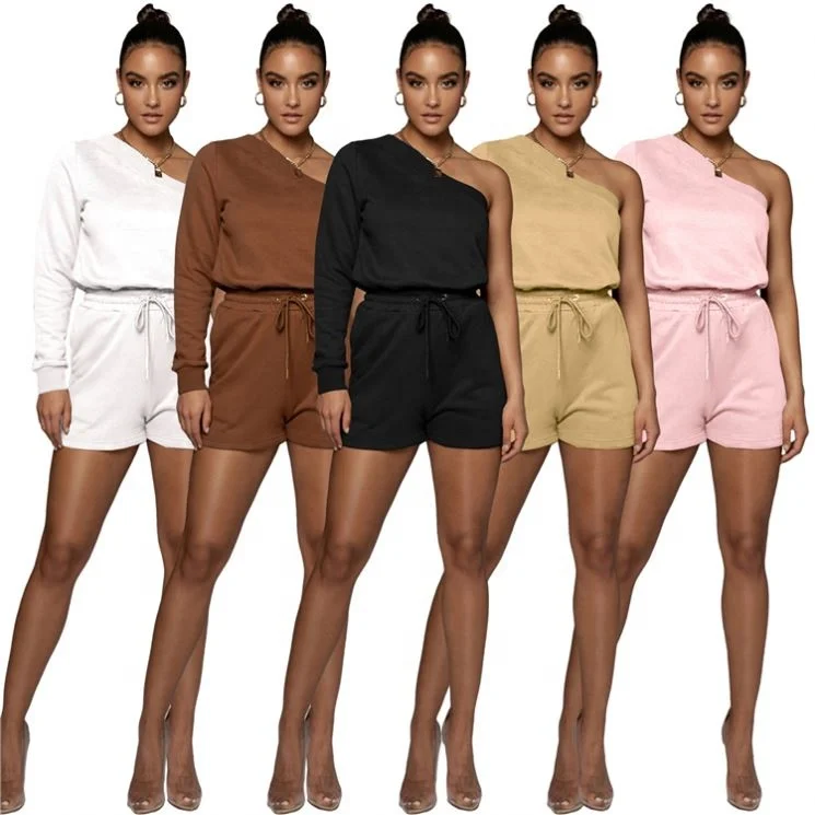

2021 Hot Ladies Clothes One Shoulder Tops Drawstring Shorts Summer Women Two Piece Set, Picture shown