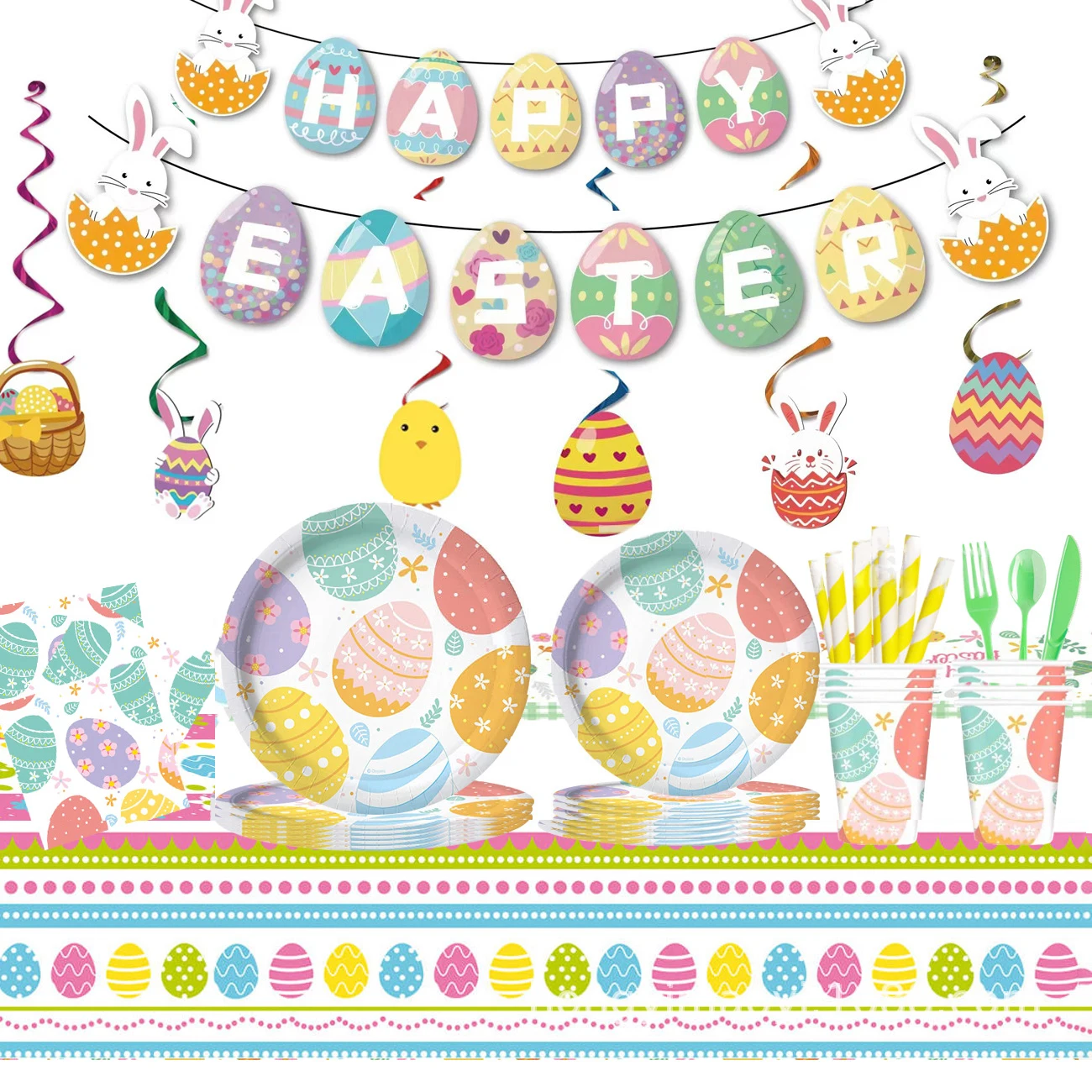 

2023 Happy Easter Tableware Set Eggs Print Paper Cups Paper Plates Tissue Tablecloth Set Rabbit Party Supplies