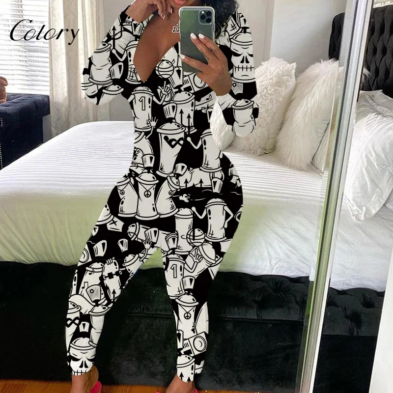 

Colory Plus Size Sleep Romper Sexy Winter Onesie Graffiti Jumpsuit, Picture shows