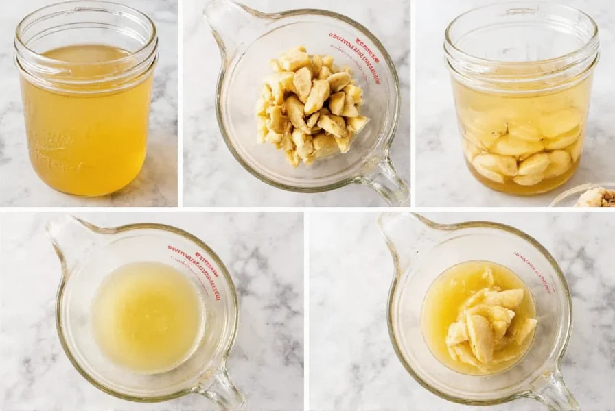 Ginger syrup stored in glass jar with measuring cups