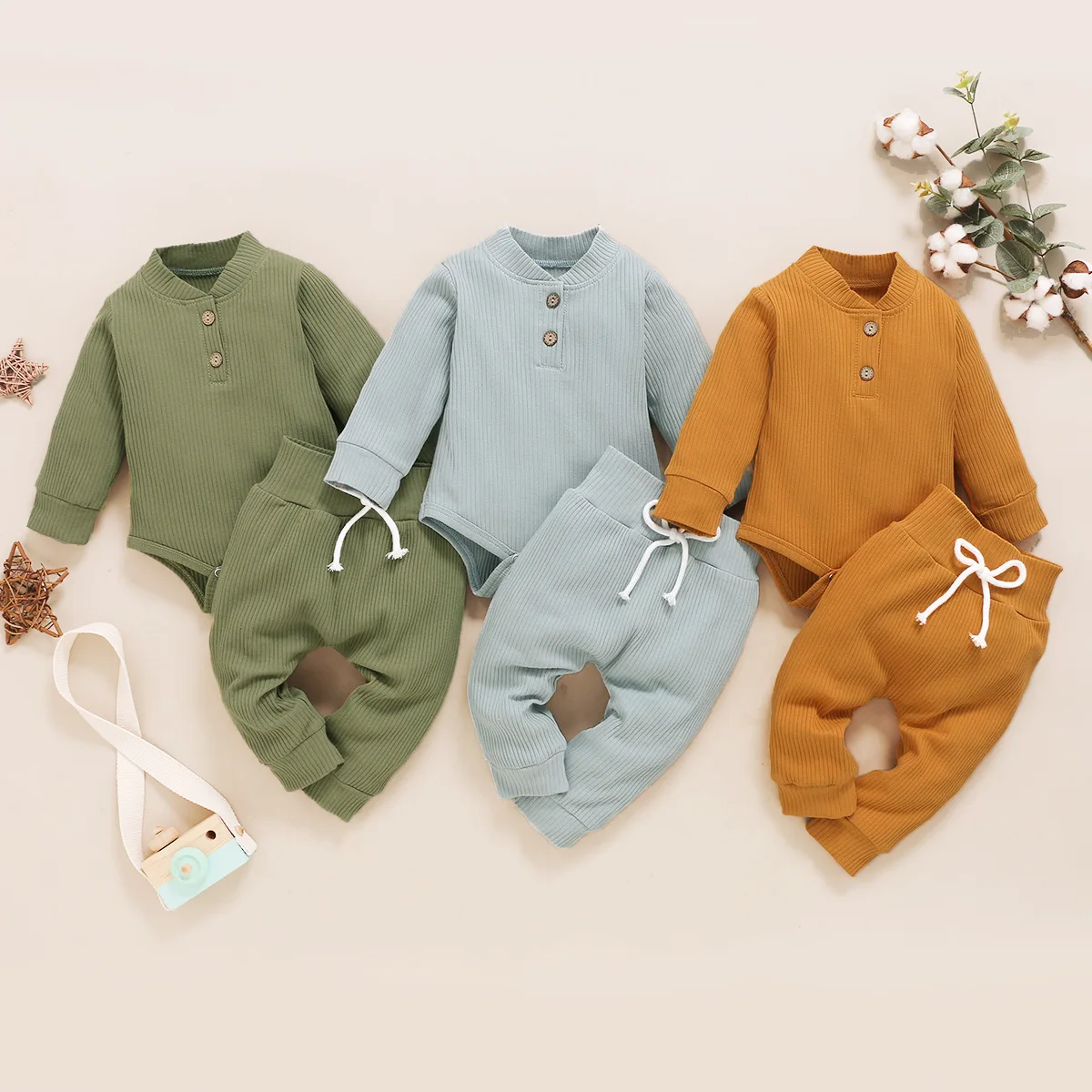 

Custom OEM ODM Infant Toddler Boys Girls Ribbed Cotton Button Up Romer Draw String Pant Sets Baby Casual Outfits, Photo showed and customized color