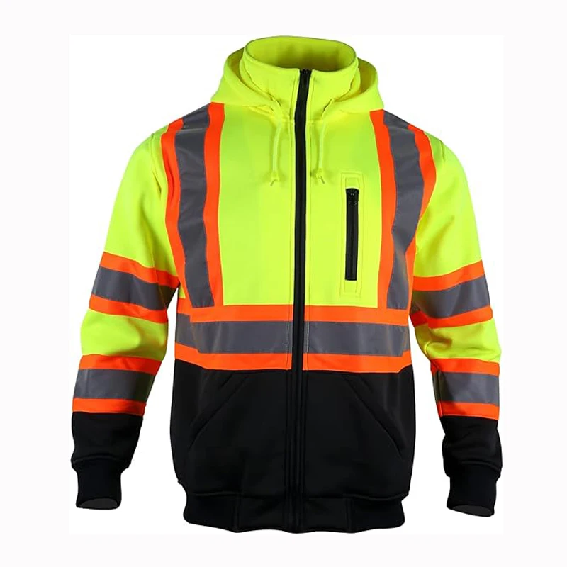 

High Visibility Safety Sweatshirts Zip Closure Fleece Safety Jacket ANSI Class 3 Jackets Detachable Reflective Work Hoodies