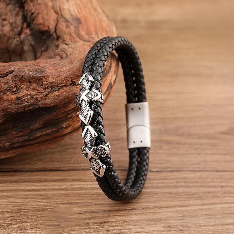 

Fine Jewelry Stainless Steel Cross Leather Men Bracelet Personalized Handmade Magnetic Clasps Bracelet, Gold,silver,black