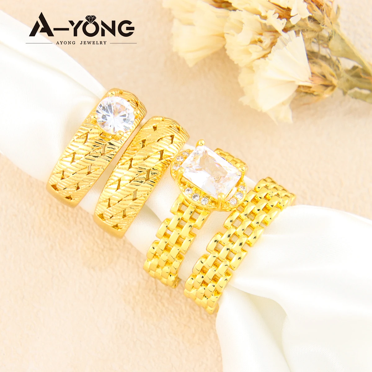 

Factory Wholesale Brass Square Zircon Women Wedding Ring Set 18k Gold with Diamond
