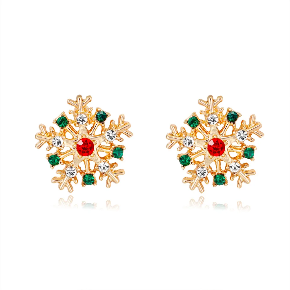 

Merry Xmas Colorful Diamond Snowflake Stud Earrings Gold Plated Crystal Rhinestone Snowflower Christmas Earrings, Gold color