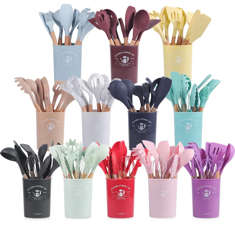 

12Pcs Heat Resistant Silicone Kitchen Cooking Utensil Set Silicone Utensils With Wooden Handles