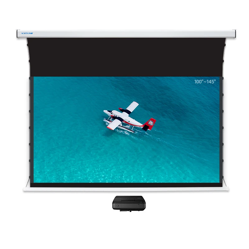 

SCREEN PRO 133inch matte white Tab Tension motorized Pull Down Screen 4K flat for long throw projector, Black casing color
