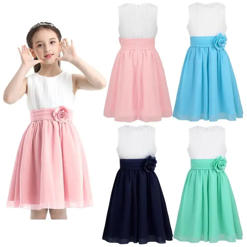 

Wholesale Girls Sleeveless Chiffon Pleated Princess Pageant Wedding Bridesmaid Birthday Party Ball Gown