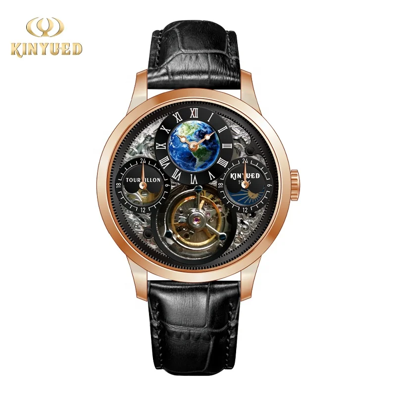 

KINYUED Genuine Leather Real tourbillon Skeleton waterproof wrist mens watch luxury mechanical automatic watches