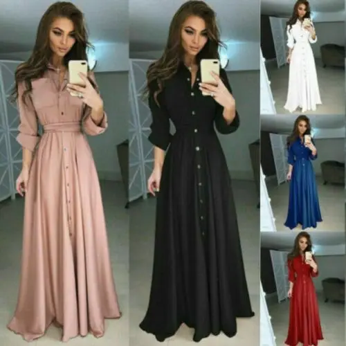 

Women's Long Sleeve Maxi Dress Casual Evening Party Button Shirt Tops Dresses