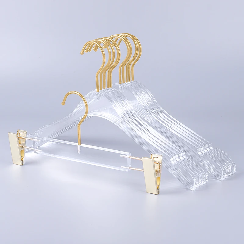 

New clothing store transparent clear rack acrylic clothes and pants hanger with Gold Hook