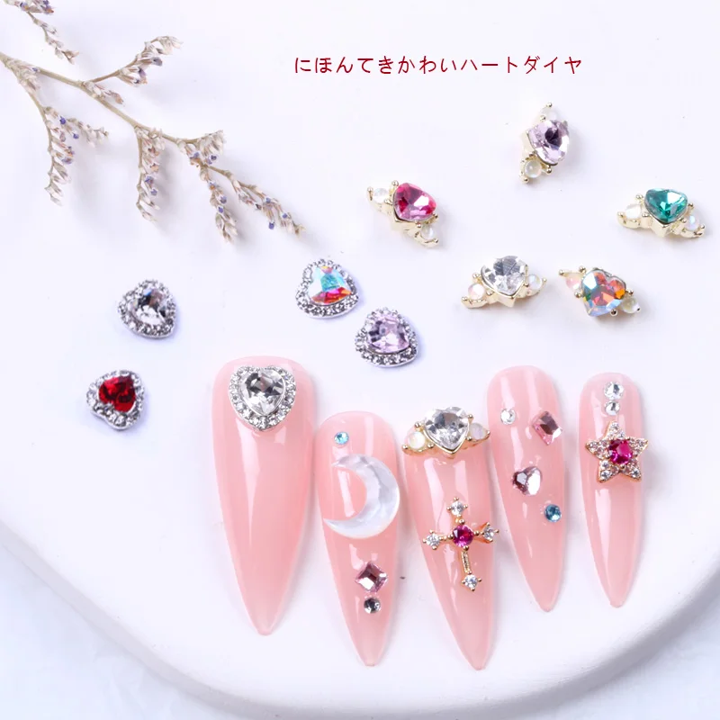 

TSZS Valentines Love Heart Pile Diamond Crystal AB Color Pink Green Purple 3D Rhinestone Peach Heart Crystal Nail Jewelry