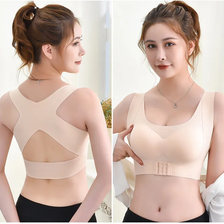 

Poyan Solid 2 Colors Soutien-Gorge Push Up Women Seamless Bra Underwear Posture Corrector Front Buckle Bra Women Seamless Bra, Black, skin