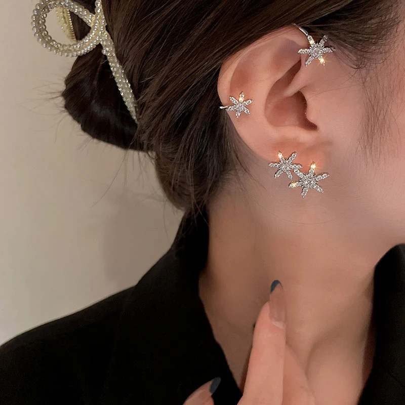 

Tiktok trendy fasion jewelry snowflake earrings stunning ear hook clips without piercings earrings