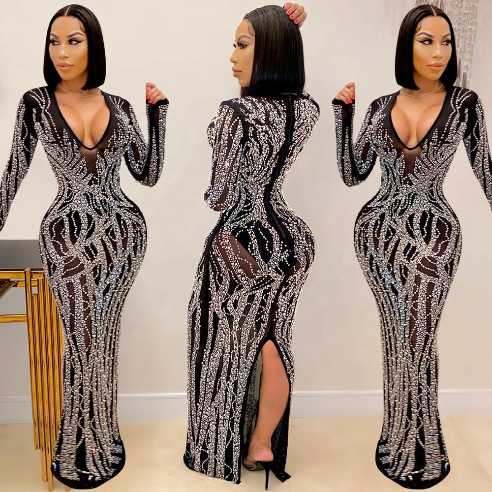

New arrivals 2021 sexy long sleeve rhinestone v neck prom women maxi evening dresses DFD488, Black