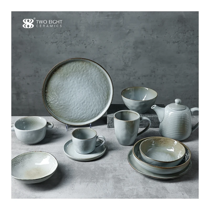 

European Style Luxury Cafe Dinnerware Color Glaze Ceramic Porcelain Plato De Loza Cake Plates, Grey