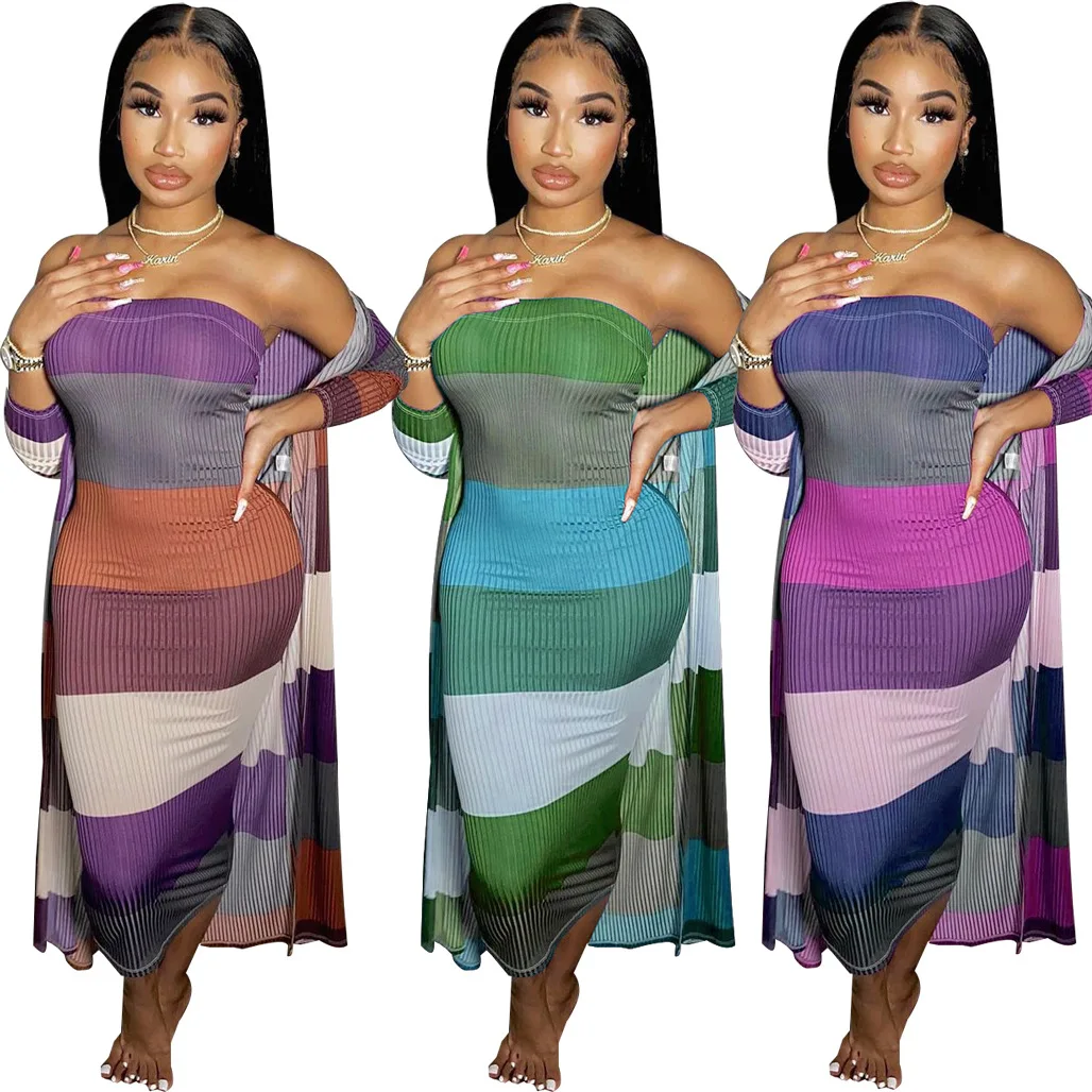 

10309-SW64 tube long coats striped two piece dresses women sehe fashion, 3 colors