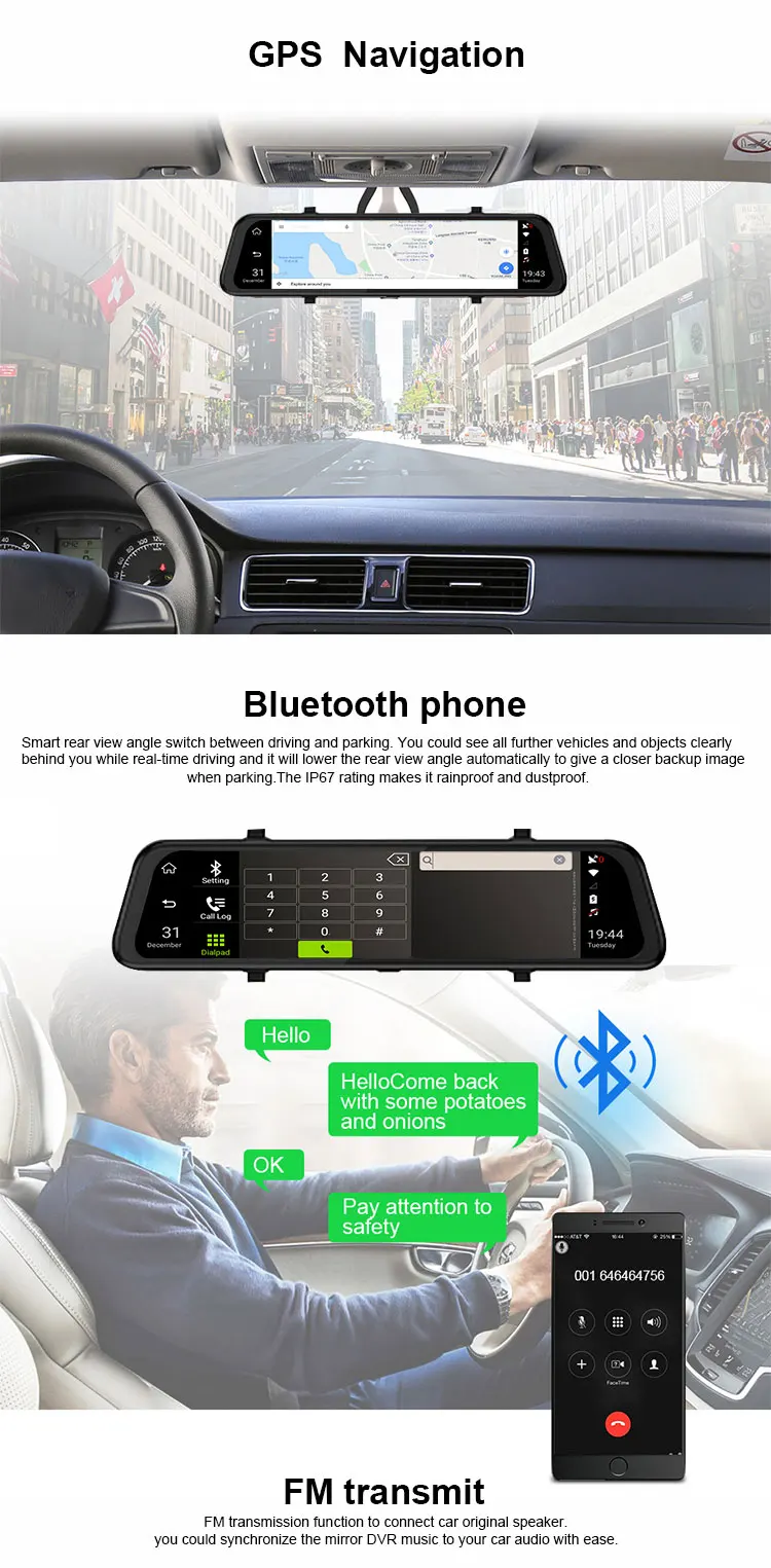 4G autós DVR 10 "Android 5.1 GPS navigációs adatfolyam Visszapillantó tükör FHD 1080P ADAS Dash kamera kamera Videofelvevő Auto