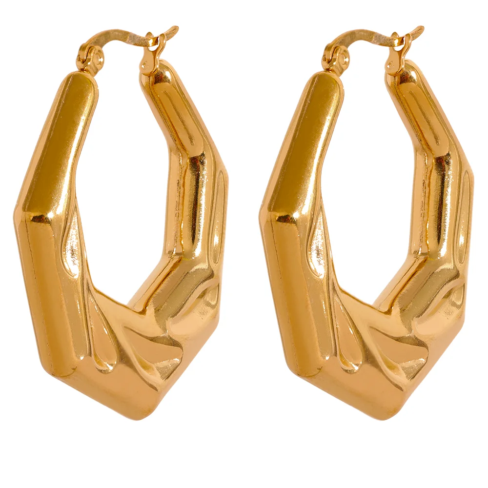

JINYOU 1247 Minimalist Gold Color Stainless Steel Geometric Unusual Hoop Earrings Waterproof Metal Texture Trendy Jewelry