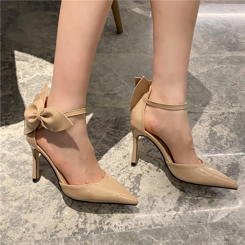 

DEleventh Shoes Woman New Style Pumps Summer Sexy Pointy Toe Bowknot PU Leather Slip-On Fashion Stiletto High Heels Sandal Beige