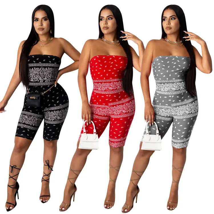 

Women One Piece Bodycon Hot Fitness Print Strapless Sleeveless Sexy Tight Jumpsuit, Customized color