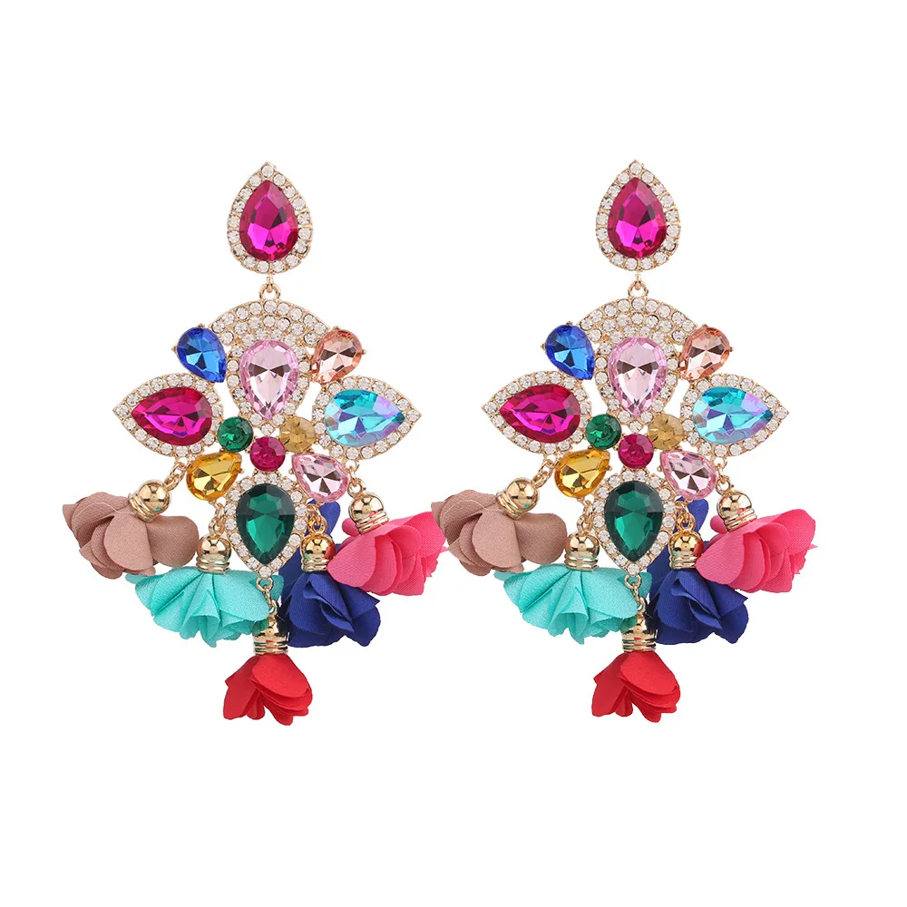 

New dramatic flow Bohemian color rhinestone diamond-encrusted flower fringed earrings for women