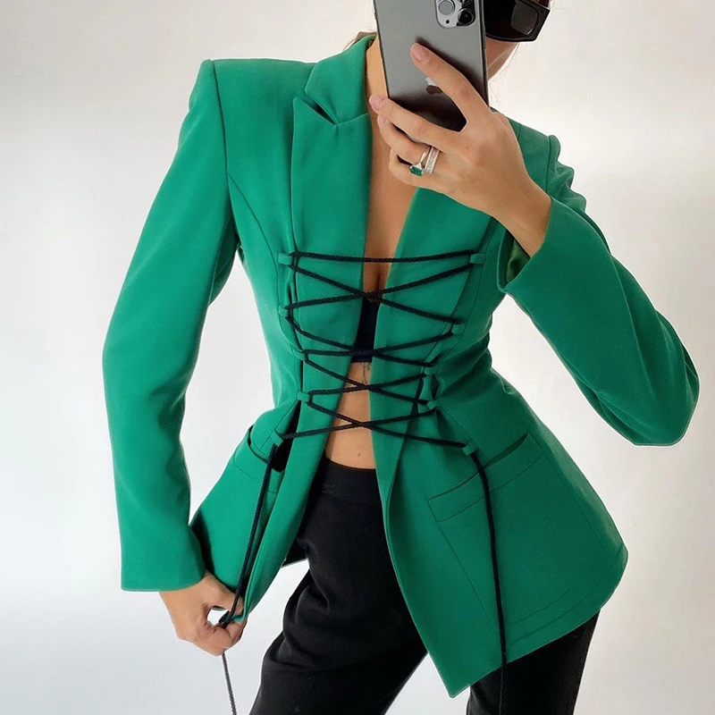 

High Quality Fall 2021 Women Clothes Bandage Long Sleeve Green Fashion Women Slim Fit Jackets Blazers Ladies Women