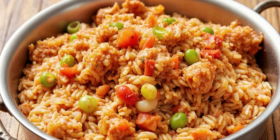 Smoky pot of jambalaya simmering on stove