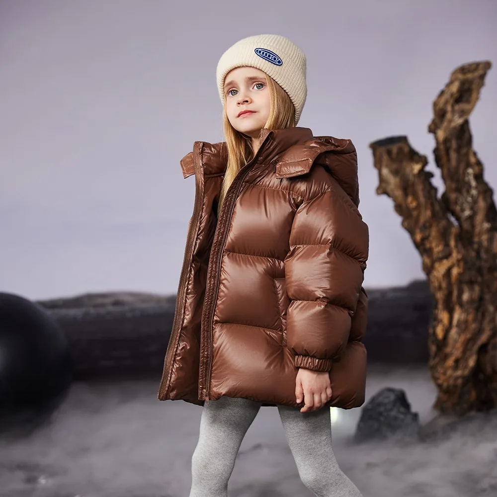 Shining fabric luxury unisex   children's down jacket coat winter warm outdoor hooded winter clothes for kids