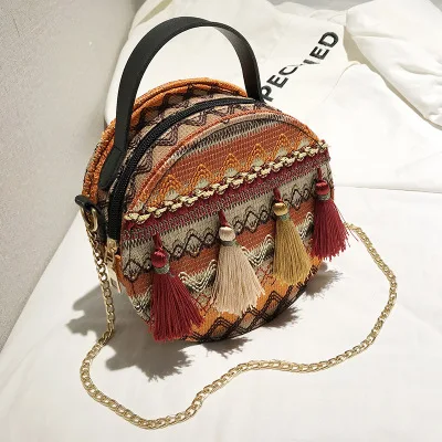 

M223 new style elegant lady tassel chain hand bag bohemian vintage round handbags for women, Yellow,blue