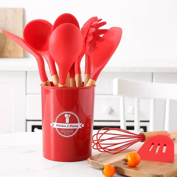 

12 pcs in 1 set Kitchen Utensil rose gold silicone kitchen accessories with plastic holder, Purple/red/black/gray/green/blue/pink/rainbow