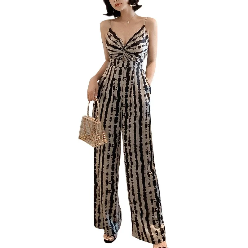 

fashion casual V neck suspender stripe loose jumpsuit high waist loose casual jumpsuit daily ladies jumpsuit