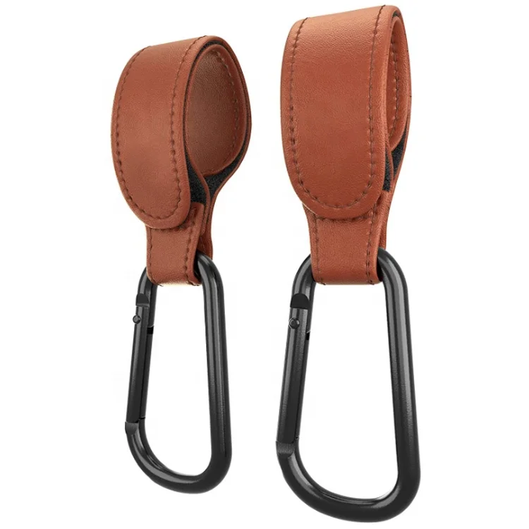 

Wholesale Brown Baby Stroller Hook Organizer Accessories Customized Multi Purpose 2 Pack Pu Leather Buggy Stroller Hooks Clips, Custom color