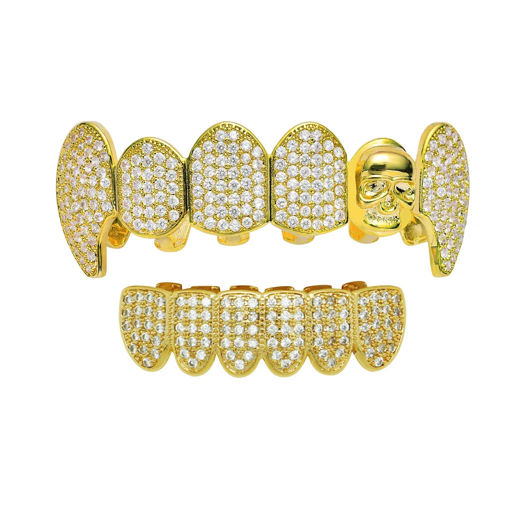 

New Design Hip Hops Gold Plated Skull Teeth Grillz Set Micro Pave Cubic Zirconia Skull Teeth Grillz For Party, Picture