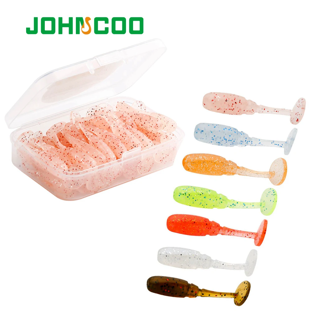 

JOHNCOO Rockfish Worm 35mm 40pcs/box Lifelike T Tail Trout Crappie Soft Bait Fish Fishing Lures, 7 colors as the picture