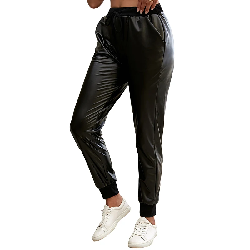 

2021 Wholesale Women Pants High Quality Rock And Roll Faux Leather Joggers Women, Women black joggers