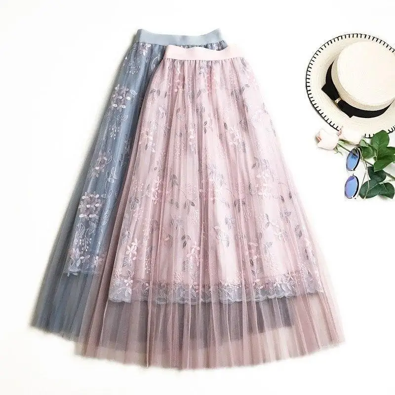 

Women Long Skirts Elastic Waist Pleated Maxi Mesh Skirts Beach Boho Vintage Summer Heavy Embroidery Skirts Faldas Saia