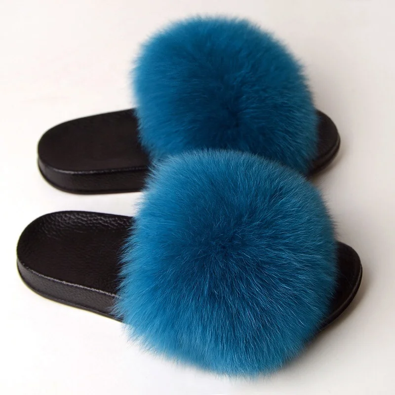

High-quality Wholesale Comfortable Indoor Outdoor Colorful Real Fox Fur Women Fluffy Slippers, Customized color