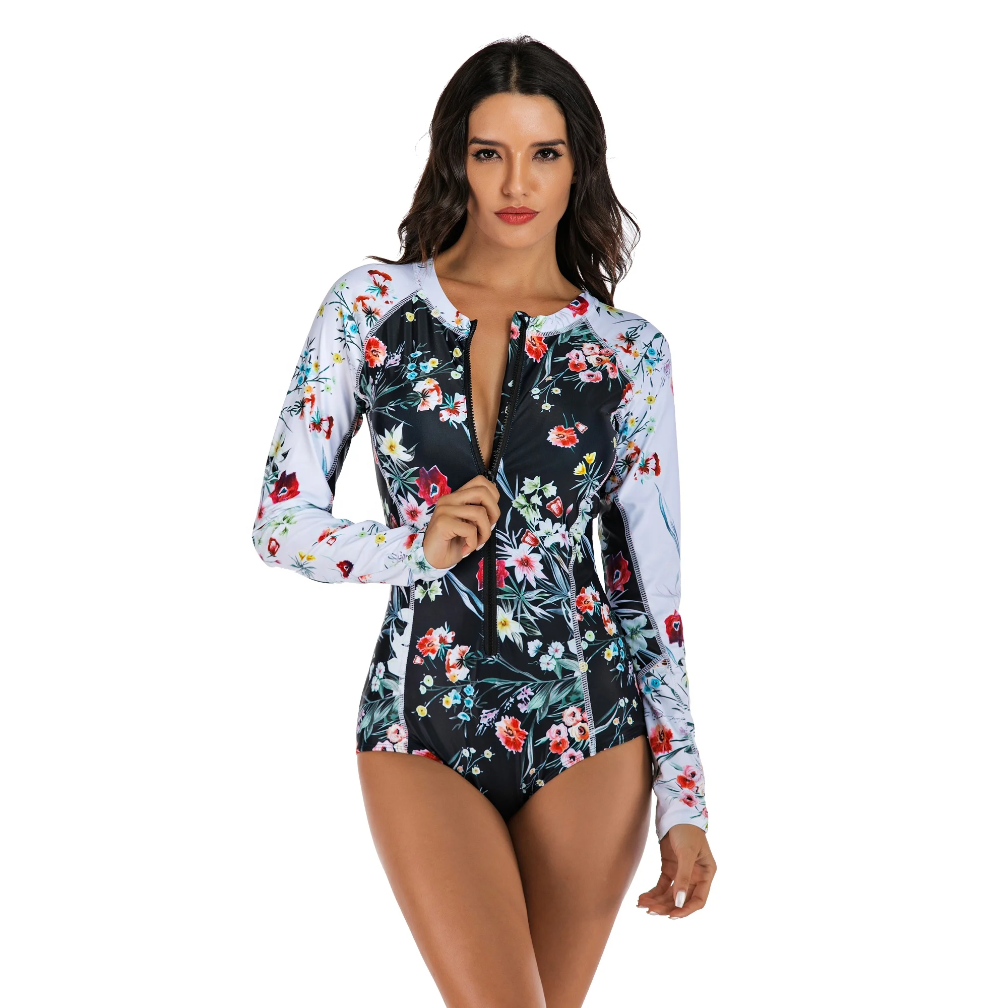 

AOSHILI Printed blue Swimsuit Long Sleeve Women's UPF 50+ Rash Guard in stocke Printed Surfing suit