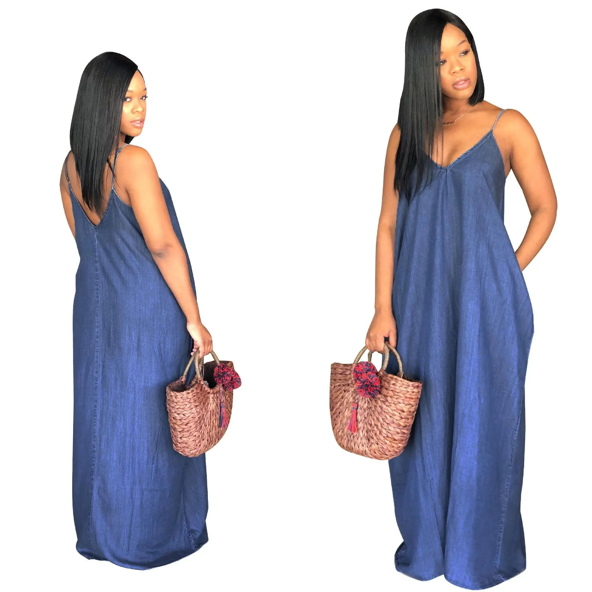 

Drop shopping Summer solid loose off shoulder maxi denim dresses women backless plus size casual long dress