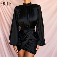 

OOTN Deep V Neck Zipper Autumn Lantern Sleeve Bodycon Club Party Dress Women Wrap Sexy Dress Mini Pleated Bandage Dress