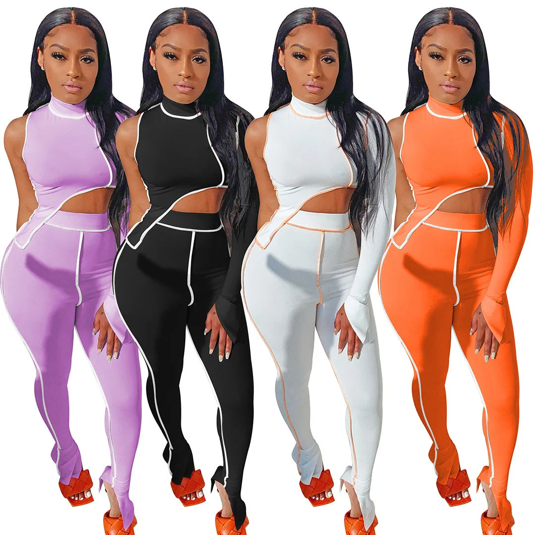 

Wholesale Women Clothes Summer 2022 Trending 4 Color Sexy 2 Piece Set Women Plus Size Sleeveless Women Crop Top 2 Piece Pant Set