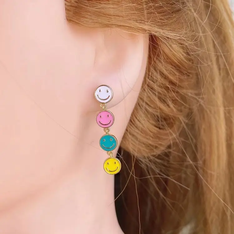 

2022 Fashion Hot Sale High Quality Dainty Trendy Colorful Enamel Smile Happy Face Long Drop Earrings for Women Girls Jewelry, Black, white, red, orange, purple, blue, pink